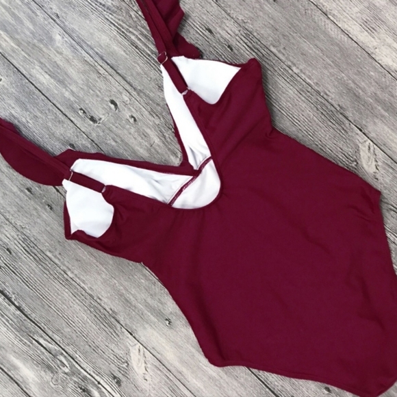 One Piece  Ruffled V-neck Swimsuit In Wine - Picture 2 of 4